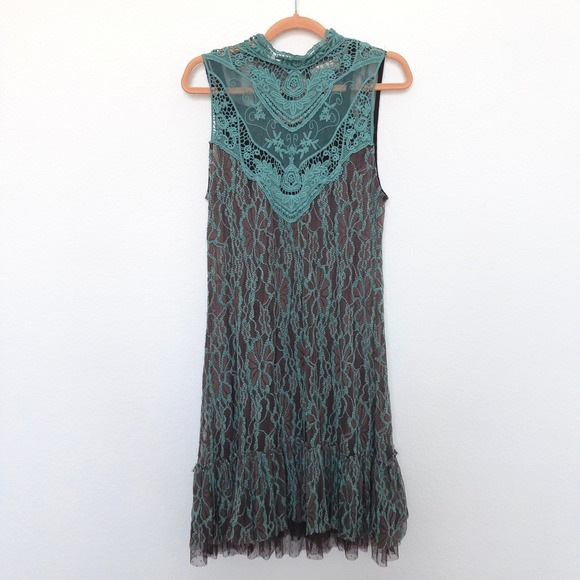 Altar'd State Womens Dress M Turquoise Brown Lace Overlay Sheer Boho Whimsigoth - Picture 1 of 9